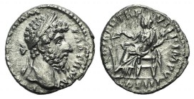 Lucius Verus (161-169). AR Denarius (17mm, 3.36g, 6h). Rome, AD 168. Laureate head r. R/ Fortuna seated l., holding rudder and cornucopia. RIC III 586...