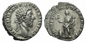 Commodus (177-192). AR Denarius (17mm, 3.29g, 6h). Rome, AD 184. Laureate head r. R/ Felicitas standing l., holding caduceus and cornucopiae; modius a...