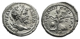 Septimius Severus (197-213). AR Denarius (17mm, 3.15g, 12h). Rome, 198-200. Laureate head r. R/ Victory flying l. holding open wreath in both hands ov...