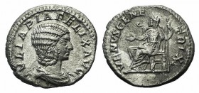 Julia Domna (Augusta, 193-217). AR Denarius (18mm, 2.56g, 6h). Rome, 215-7. Draped bust r. R/ Venus seated l., extending hand and holding sceptre. RIC...
