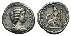 Julia Domna (Augusta, 193-211). AR Denarius (18mm, 3.17g, 7h). Rome, 196-211. Draped bust r. R/ Ceres seated l. holding corn ears and torch. RIC IV 54...