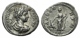 Caracalla (198-217). AR Denarius (19mm, 3.29g, 12h). Rome, AD 201. Laureate, draped and cuirassed bust r. R/ Salus standing l., holding sceptre entwin...