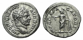 Caracalla (198-217). AR Denarius (19mm, 3.60g, 6h). Rome, 212-3. Laureate head r. R/ Mars standing facing, head l., holding branch, spear and round sh...