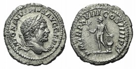 Caracalla (198-217). AR Denarius (20mm, 2.92g, 6h). Rome, AD 215. Laureate head r. R/ Apollo standing l., holding olive branch and lyre set upon altar...