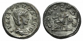 Julia Paula (Augusta, 219-220). AR Denarius (18mm, 2.92g, 6h). Rome, AD 220. Draped bust r. R/ Concordia seated l., holding patera; star to r. RIC IV ...
