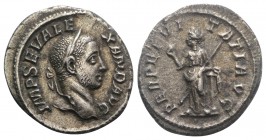 Severus Alexander (222-235). AR Denarius (19mm, 3.02g, 12h). Rome, AD 228. Laureate head r. R/ Perpetuitas standing l., l. elbow resting on short colu...