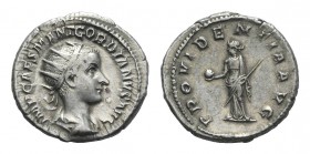 Gordian III (238-244). AR Antoninianus (22.5mm, 4.79g, 12h). Rome, AD 238. Radiate, draped and cuirassed bust r. R/ Providentia standing l., holding g...