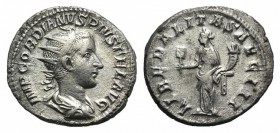 Gordian III (238-244). AR Antoninianus (21mm, 4.19g, 6h). Rome, 239-240. Radiate, draped, and cuirassed bust r. R/ Liberalitas standing l., holding ab...