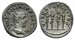 Philip I (244-249). AR Antoninianus (22mm, 4.29g, 7h). Rome, 247-9. Radiate, draped and cuirassed bust r., seen from behind. R/ Four standards. RIC IV...