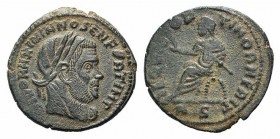 Divus Maximianus (died 310). Æ Quarter Follis (19mm, 2.83g, 6h). Rome, 317-8. Laureate and veiled head r. R/ Veiled emperor seated l. on curule chair,...