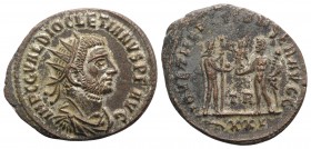 Diocletian (284-305). Radiate (22mm, 3.55g, 6h). Tripolis, c. AD 285. Radiate, draped and cuirassed bust r. R/ Jupiter standing r., holding globe and ...