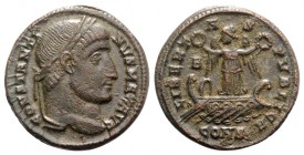 Constantine I (307/310-337). Æ Follis (18mm, 3.39g, 12h). Constantinople, AD 327. Laureate head r. R/ Victory standing facing in galley l., head l. an...