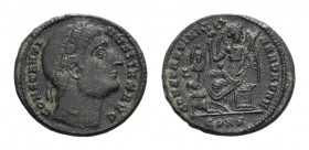 Constantine I (307/310-337). Æ Follis (19mm, 2.93g, 6h). Constantinople, AD 327. Diademed head r., looking upwards. R/ Victory seated l. on cippus, he...