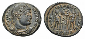Constantine I (307/310-337). Æ Follis (17mm, 2.83g, 6h). Antioch, c. 333-5. Rosette-diademed, draped and cuirassed bust r. R/ Two soldiers standing fa...