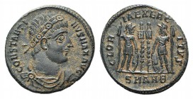 Constantine I (307/310-337). Æ Follis (18mm, 2.46g, 6h). Antioch, c. 333-5. Rosette-diademed, draped and cuirassed bust r. R/ Two soldiers standing fa...