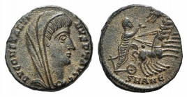 Divus Constantine I (died 337). Æ (14mm, 1.81g, 3h). Antioch, 337-340. Veiled head of Constantine r. R/ Constantine in quadriga r.; star and manus Dei...
