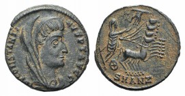 Divus Constantine I (died 337). Æ (14mm, 1.46g, 6h). Antioch, 337-340. Veiled head of Constantine r. R/ Constantine in quadriga r.; star and manus Dei...