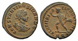 Constantine II (Caesar, 316-337). Æ Follis (18mm, 2.74g, 6h). Aquileia, AD 317. Laureate, draped and cuirassed bust r., Seen from behind. R / sol adva...