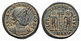 Constantine II (Caesar, 316-337). Æ Follis (17mm, 2.51g, 6h). Antioch, 330-333/35. Laureate and cuirassed bust r. R/ Two signa between two soldiers, e...