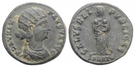 Fausta (Augusta, 324-326). Æ Follis (20mm, 3.37g, 7h). Antioch, 325-6. Bareheaded and draped bust r. R/ Fausta standing facing, head l., holding two c...
