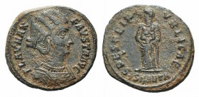 Fausta (Augusta, 324-326). Æ Follis (19mm, 3.51g, 6h). Antioch, AD 326. Draped bust r. R/ Empress or Salus standing facing, head l., holding two child...