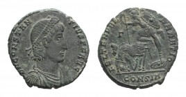 Constantius II (337-361). Æ (21mm, 4.84g, 12h). Constantinople, 351-5. Pearl-diademed, draped and cuirassed bust r. R/ Helmeted soldier l., shield on ...
