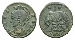 Commemorative series, c. 330-354. Æ (17mm, 2.45g, 6h). Nicomedia, 330-5. Helmeted bust of Roma l. R/ She-wolf and twins, two stars above with three do...