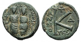 Justin II and Sophia (565-578). Æ 20 Nummi (22mm, 8.69g, 6h). Thessalonica, year 5 (569/70). Nimbate figures of Justin and Sophia seated facing on dou...