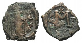 Constans II (641-668). Æ 40 Nummi (21mm, 4.42g, 6h). Constantinople. Constans standing facing, holding long cross and globus cruciger. R/ Large M; cro...