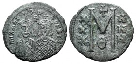 Michael II and Theophilus (821-829). Æ 40 Nummi (30mm, 8.21g, 6h). Constantinople. Busts of Michael and Theophilus facing; cross above. R/ Large M; cr...