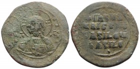 Anonymous, c. 969-976. Æ 40 Nummi (34mm, 13.93g, 6h), Constantinople. Facing bust of Christ, holding Gospels; two pellets in each limb of nimbus. R/ L...