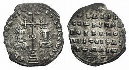 Basil II and Constantine VIII (976-1025). AR Miliaresion (23mm, 2.51g, 12h). Constantinople, 977-989. Cross crosslet with central X set on globus atop...