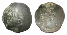 Alexius III (1195-1204). BI Aspron Trachy (27mm, 2.63g, 6h). Constantinople. Bust of Christ facing. R/ Alexius and St. Constantine standing facing, ho...