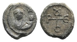 Byzantine Pb Seal, c. 7th-12th century (21mm, 8.94g, 12h). Facing bust of Theotokos, holding holy child. R/ Cruciform monogram. VF