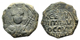 Crusaders, Antioch. Tancred (Regent, 1101-03, 1104-12). Æ Follis (23mm, 5.42g, 12h). Nimbate facing bust of St. Peter, holding cruciform sceptre. R/ L...