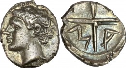 Massalia (Ve - Ier siècle av J.-C) - Ar - Obole.
A/ Tête juvénile à gauche.
R/ Roue à quatre rayons avec moyeu central, inscription : M/A.
9mm - 0....