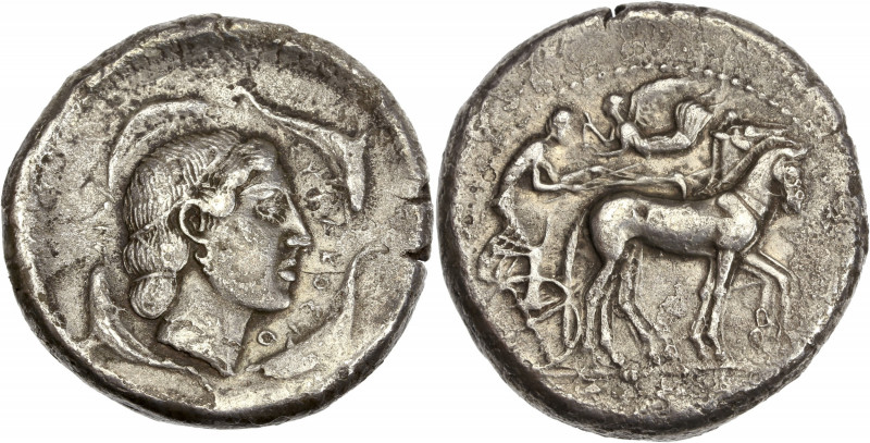 Sicile- Syracuse (450-440 av J.-C.) - Ar - Tétradrachme.
A/ ΣVRAKOΣI-O-N,
tête d...