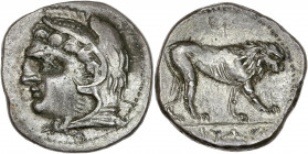 Zeugitane (241-238 av J.-C.) - Ar - Shekel. 
A/ Tête de Melqart portant la léonté.
R/ Lion marchant à droite, lettre punique sous l'exergue: LIBUWN.
2...