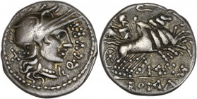 Q. Curtius (116-115 av. J.C.) - Ar - Denier - Rome.
A/ Tête casquée de Rome à droite avec Q•CVRT. 
R/ M SI LA / ROMA,
Jupiter conduisant un quadrige à...