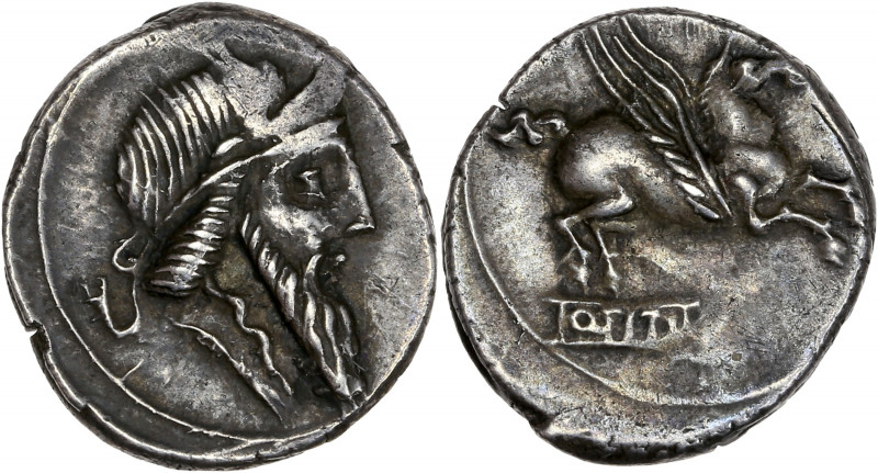 Q.Titius (90 Av J.-C.) - Ar- Denier - Rome.
A/ Mutinus Titinus barbu. 
R/ Pégase...