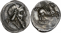 Q.Titius (90 Av J.-C.) - Ar- Denier - Rome.
A/ Mutinus Titinus barbu. 
R/ Pégase s’élançant à droite, exergue: Q. TITI. 
16.98mm - 3.98g - 6h - TTB....
