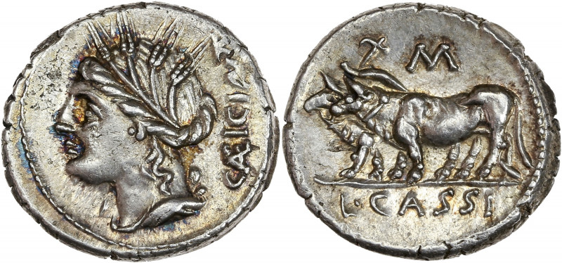 L. Cassius Caecianus (102 av. J.-C.) - Ar- Denier.
A/ CÆICI,
Buste de profil de ...