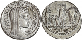 Lucius Æmilius Lepidus Paullus (62 av J.-C.) - Ar - Denier - Rome. 
A/ PAVLLVS LEPIDVS CONCORDIA,
buste de Concordia voilé, diadémé et drapé.
R/ Exerg...
