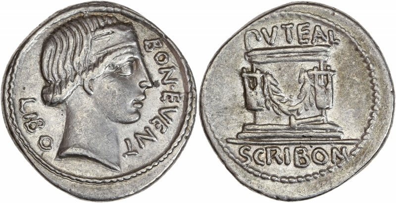 Lucius Scribonius Libo (62 av J.-C.) - Ar - Denier - Rome.
A/ BON. EVENT/ LIBO,
...