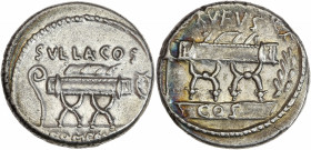 Quintus Pompeius Rufus (54 av J.-C.) - Ar - Denier - Rome. 
A/ RVFVS COS,
sur une estrade se trouve une chaise curule, entre une flèche et une branche...