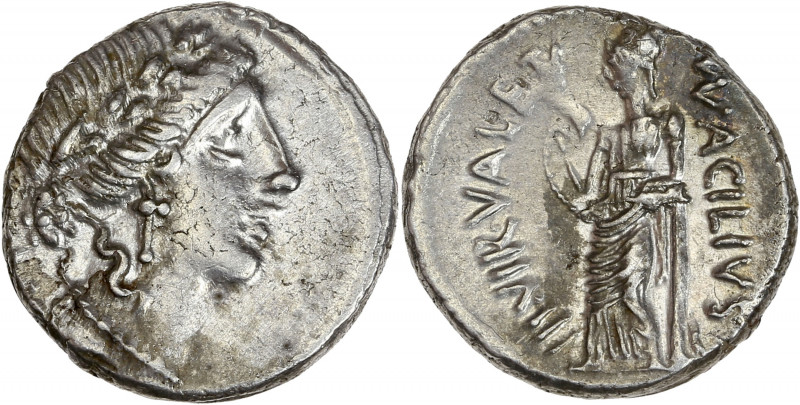 Manius Acilius Glabrio (49av J.-C.) - Ar - Denier - Rome.
A/ SALVTIS,
tête de Sa...