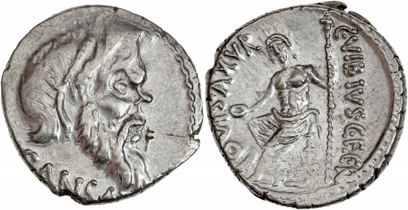 C. Vibius C.f. Pansa (48 av J.-C.) - Ar - Denier - Rome. 
A/ PANSA, 
masque barb...