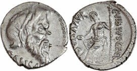C. Vibius C.f. Pansa (48 av J.-C.) - Ar - Denier - Rome. 
A/ PANSA, 
masque barbu de Pan.
R/ C. VIBIVS. C. F. C. N. / IOVIS AXVR, 
Jupiter Axurus assi...