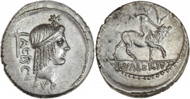 Lucius Valerius Acisculus (45 av J.-C.) - Ar - Denier - Rome.
A/ ACISCVLVS, 
tête d'Apollon Soranus, diadémée à droite surmontée d'une étoile; derrièr...