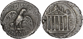 Petillius Capitolinus - (43 av. J-C) - Ar - Denier. 
A/ PETILLIVS CAPITOLINVS, 
aigle debout sur une foudre avec des ailes déployées. 
R/ S F, temple ...